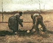 Vincent Van Gogh Peasant and Peasant Woman Planting Potatoes. Nuenen oil painting reproduction